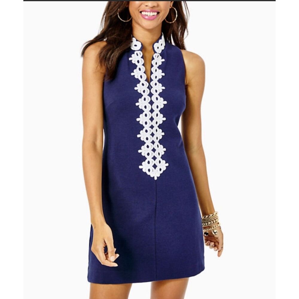 Lilly Pulitzer Navy Blue Lace Trim Shift Dress Sleeveless XS